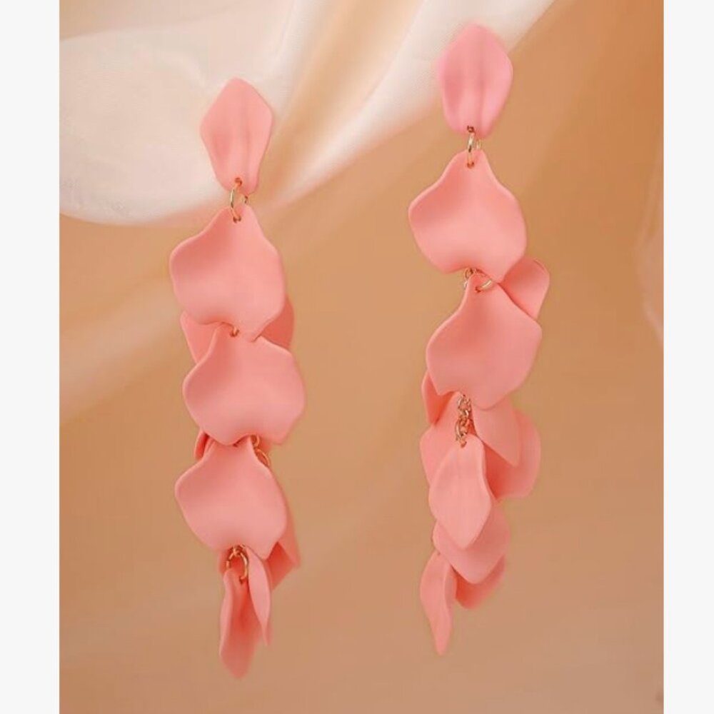 Floral Elegant long Pink Rose Petals Earrings